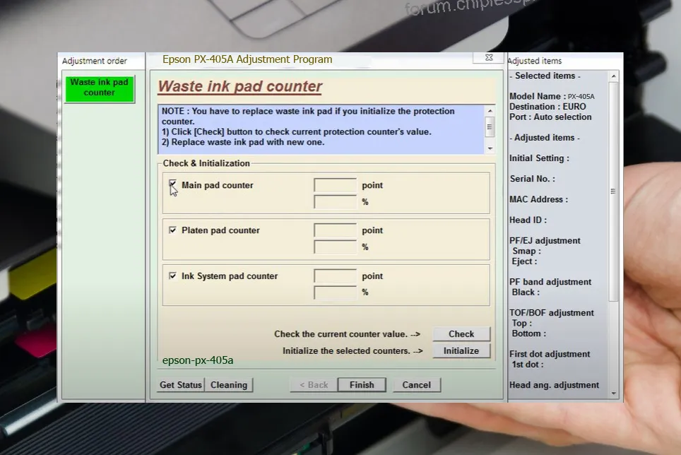 reset máy in PX-405A